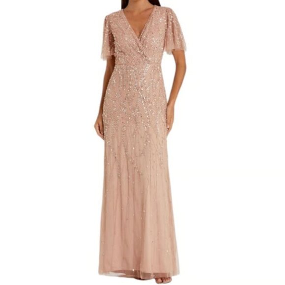 Women Mac Duggal Beaded Leaves Butterfly Sleeves V Neck Gown in Nude Pink Sz 10 - Picture 1 of 10